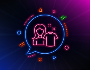 Clean shirt line icon. Neon laser lights. Laundry tshirt sign. Clothing cleaner symbol. Glow laser speech bubble. Neon lights chat bubble. Banner badge with clean shirt icon. Vector