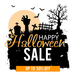 Halloween sale banner. Terrifying graveyard