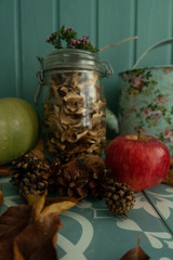Kitchen still life tuned to blue color in autumn style