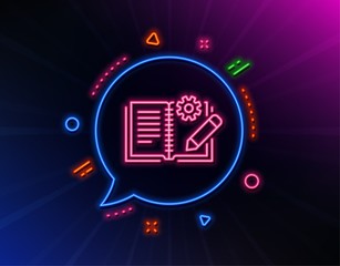 Engineering documentation line icon. Neon laser lights. Technical instruction sign. Glow laser speech bubble. Neon lights chat bubble. Banner badge with engineering documentation icon. Vector