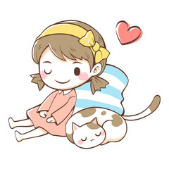 A cat sleeping next to a girl on white background, Cute character cartoon Vector illustration,  Suitable for sticker, Children's books and card.