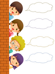 Many children hiding their bodies behind the brick wall, Speech bubble, Cute character cartoon on white background,  Suitable for sticker, Children's books and card.- Vector illustration