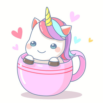 Cute character cartoon unicorn in coffee cup isolated on white background, kawaii pony cartoon Vector illustration,  Suitable for sticker, Children's books and card.