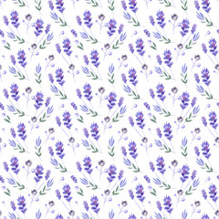 Watercolor seamless floral background with lavender flowers and leaves of field plants.