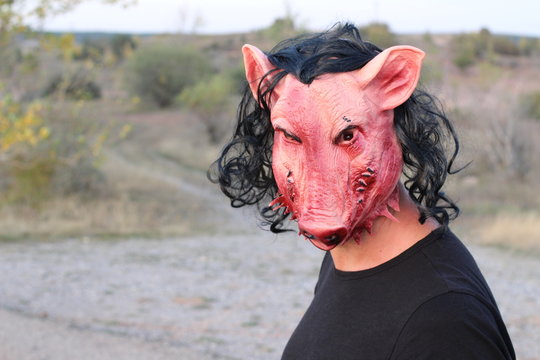 Scary man wearing pig mask 