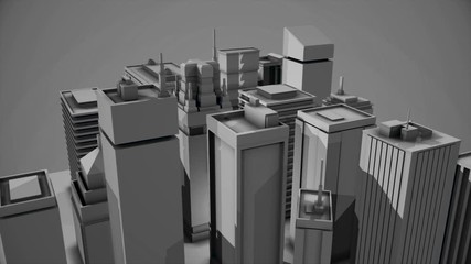 Abstract digital 3D model of the city district with houses ans skyscrapers on grey background. Animation. Construction and design concept, modern buildings model, monochrome. - Powered by Adobe