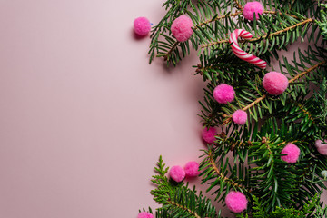 Decorative frame of fir branches and pink holly berries
