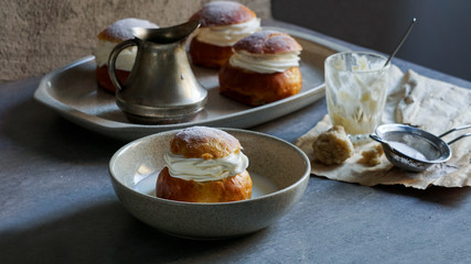 Semla or semlor, vastlakukkel, laskiaispulla is a traditional sweet roll made in various forms in Sweden, Finland, Estonia, Norway, Denmark, especially Shrove Monday and Shrove Tuesday