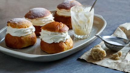 Semla or semlor, vastlakukkel, laskiaispulla is a traditional sweet roll made in various forms in Sweden, Finland, Estonia, Norway, Denmark, especially Shrove Monday and Shrove Tuesday