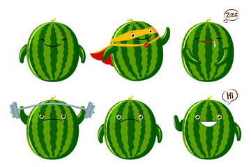 Set cute Watermelon characters. Kawaii fruit vector characters isolated on white background