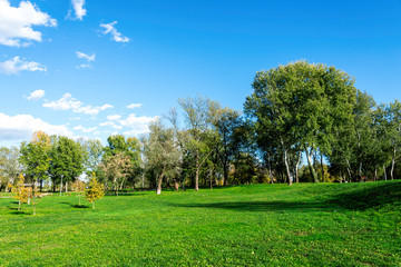 A large green lawn in a nice sunny day at Bundek city park, Zagreb, Croatia