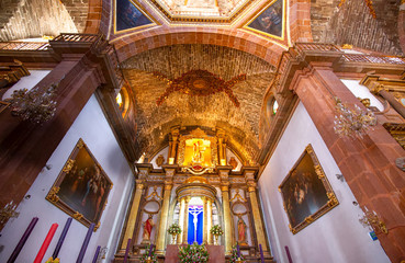 Interiors of Parroquia De San Miguel Arcangel cathedral in historic city center of San Miguel De...