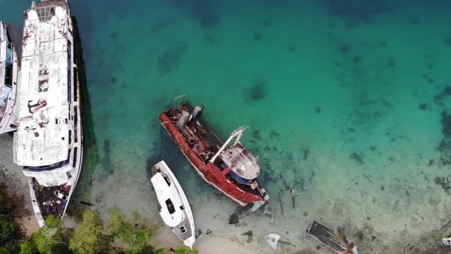 aerial view of ship wrecks due to hurricane devastation and destruction in the south pacific islands, vanuatu