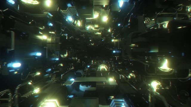 Fantastic flight in the metal corridor of a spaceship. Abstract technology futuristic geometric background with luminous neon lamps. Seamless loop 3d render