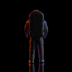 standing astronaut on shiny stage looking into empty space © dottedyeti