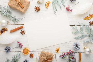 frame, Christmas, New Year. Background with composition, with empty postcard space for design. On a white wooden background.