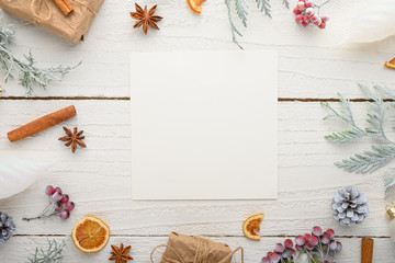 frame, Christmas, New Year. Background with composition, with empty postcard space for design. On a white wooden background.