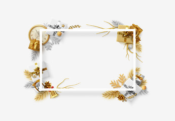 Christmas bright background with golden decorations. Xmas greeting card. Happy New Year. Festive objects in the form of border gold gifts, bauble balls, shiny snowflake, old watches and tinsel