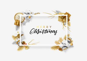 Fototapeta premium Christmas bright background with golden decorations. Xmas greeting card. Happy New Year. Festive objects in the form of border gold gifts, bauble balls, shiny snowflake, old watches and tinsel