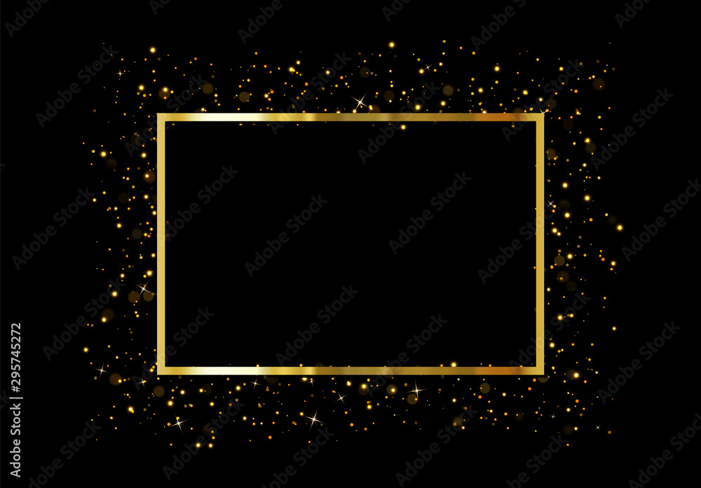Wall mural gold frame with glowing lights and sparkle bokeh effects, isolated on background. shining golden rec