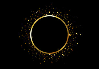 Gold round frame. Glowing lights and sparkle bokeh effects, isolated background. Shining golden confetti. Luxury premium design template - obrazy, fototapety, plakaty