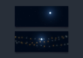 Fototapeta premium Night background with a bright realistic full moon. Blue starry night sky with festive garlands
