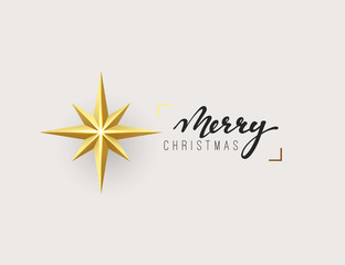 Merry Christmas and Happy New Year. Golden Xmas star. Calligraphic text lettering.