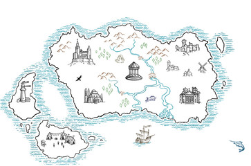 Treasure fantasy map with handmade drawings - Line art illustration lines with colored lines © Domingo