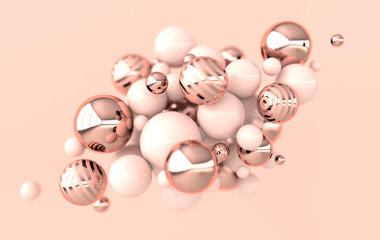 Colorful balls 3d rendering. Chaotic spheres geometric abstract background, primitive shapes, minimalistic design, pink and rose gold colors