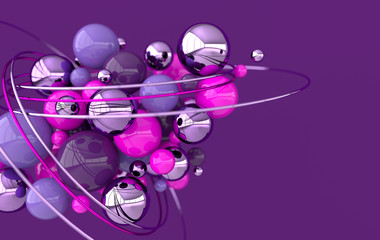 Colorful balls 3d rendering. Chaotic spheres geometric abstract background, primitive shapes, minimalistic design, pink and purple colors, plastic and metall