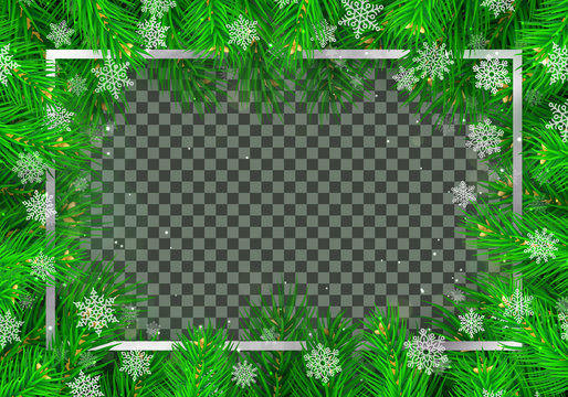 Winter congratulation frame layout with christmas tree and snowflakes. Merry Christmas and Happy New Year traditional vector design with copy space. Realistic fir tree branches on transparent backdrop