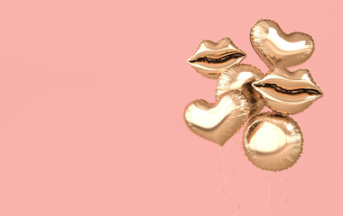 Golden foil balloons isolated on pink background. 3d render element for birthday party, Valentine`s day, presentation. Heart, sphere  and lips shape