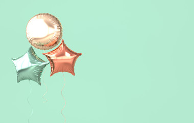 Colorful and golden foil balloons isolated on green background. 3d render element for birthday party, Valentine`s day, presentation. Sphere and star shape