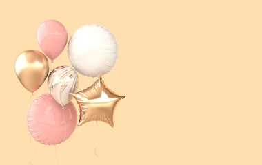 Colorful and golden foil balloons isolated on beige background. 3d render element for birthday party, Valentine`s day, presentation. Sphere and star shape