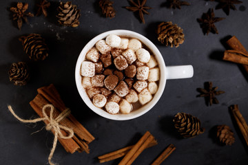 White ceramic cups of hot cocoa with marshmallows on top of rustic black background