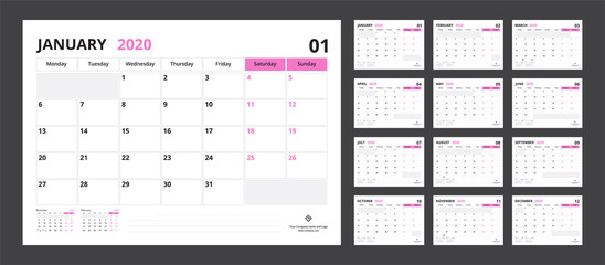 2020 calendar planner set for template corporate design week start on Monday.