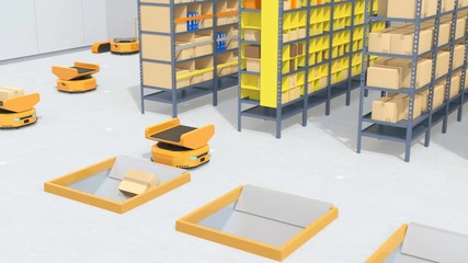 Autonomous Mobile Robots in logistics center. Warehouse automation concept. 3D rendering animation. - Powered by Adobe