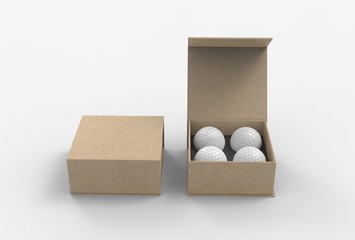 Four golf ball gift paper box for promotional branding. 3d render illustration.