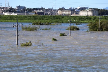 台風の大雨で増水した荒川