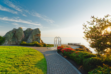 Cliff access walkway at Shell Beach, Pismo Beach area, California Coastline. Beautiful lighting, golden hour, sunset Pacific Coast