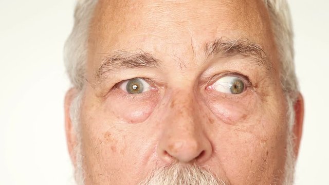 Senior man with googly eyes (independent eye motion)