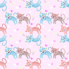 Cute cat with heart shape seamless pattern.