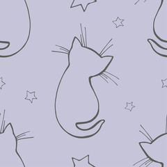 Seamless colorful cat pattern vector illustration. Little kitten and stars