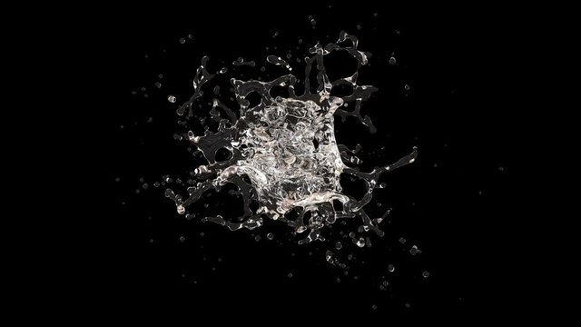 3D animation of a water splash on black background with alpha layer