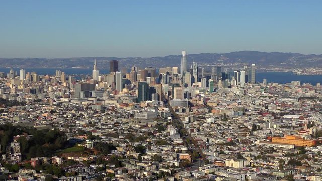 Market Street and the financial district of San Francisco as seen from Twin Peaks, California, circa October 2018