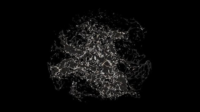 3D animation of a water splash on black background with alpha layer