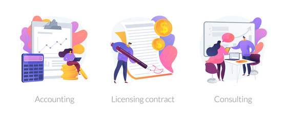 Financial audit and literacy. Financier, banker advising, bookkeeping. Agreement signing. Accounting, licensing contract, consulting metaphors. Vector isolated concept metaphor illustrations