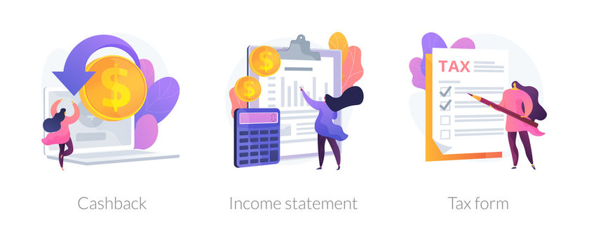 Accounting and bookkeeping cartoon web icons set. Money online refund. Financial consulting. Cashback, income statement, tax form metaphors. Vector isolated concept metaphor illustrations
