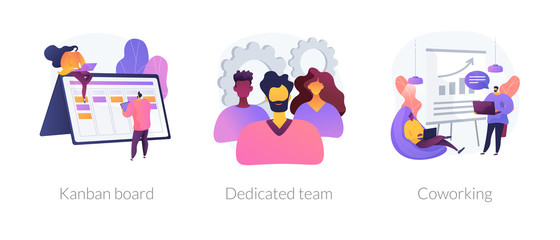 Office time management icons cartoon set. Workflow optimization. Coworkers brainstorming. Kanban board, dedicated team, coworking metaphors. Vector isolated concept metaphor illustrations