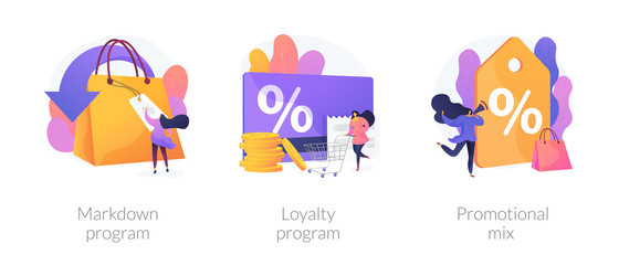 Shopping marketing campaign icons cartoon set. Store special offers advertisement. Markdown program, loyalty program, promotional mix metaphors. Vector isolated concept metaphor illustrations - obrazy, fototapety, plakaty